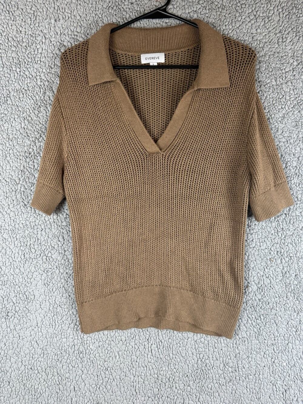 Evereve brown open knit short sleeve polo sweater v neck viscose collar small